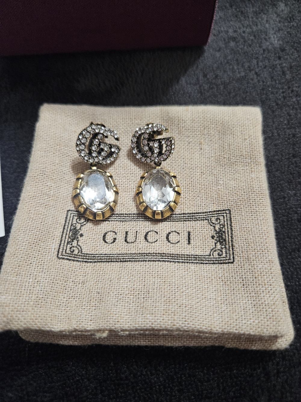 Gucci Crystal GG Drop Earrings in Gold and Clear